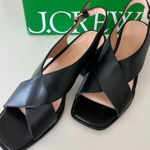 JCrew Dylan Black Leather Slingback Sandals with Block Heel